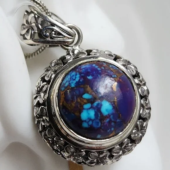 2011 925 Artisian Natural Purple Copper Turquoise Round Pendant 18" Silver Chain - Picture 1 of 10